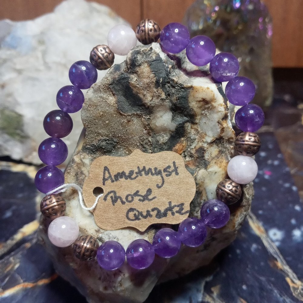 Amethyst and Rose Quartz Genuine Gemstone Healing Bracelet